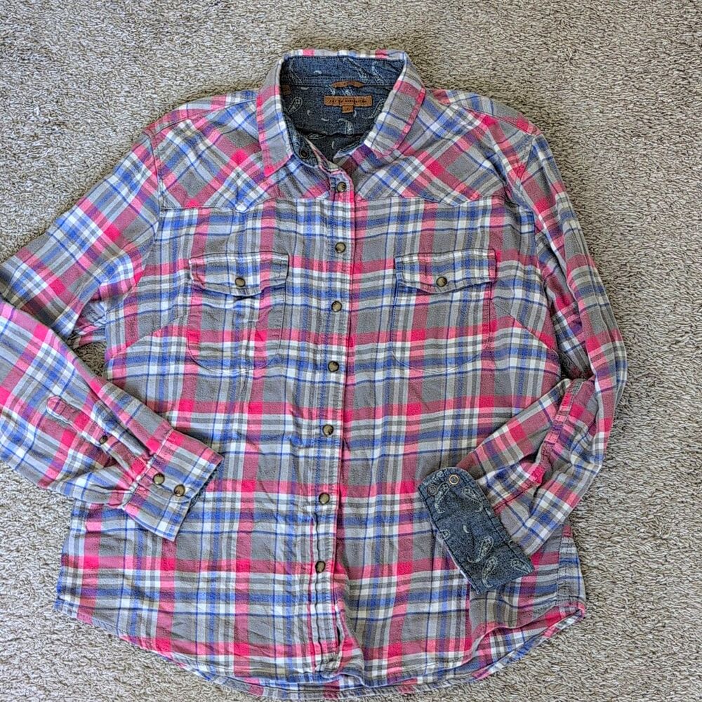 Jachs Girlfriend Pink Plaid Button Up Shirt Contrast Paisley Trim Y2K Grunge L